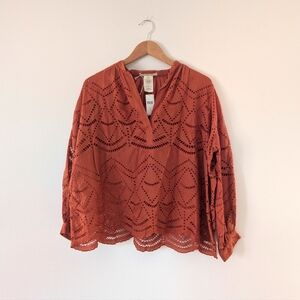 Anthropologie Ne Quittez Pas Burnt Orange Eyelet Henley Blouse